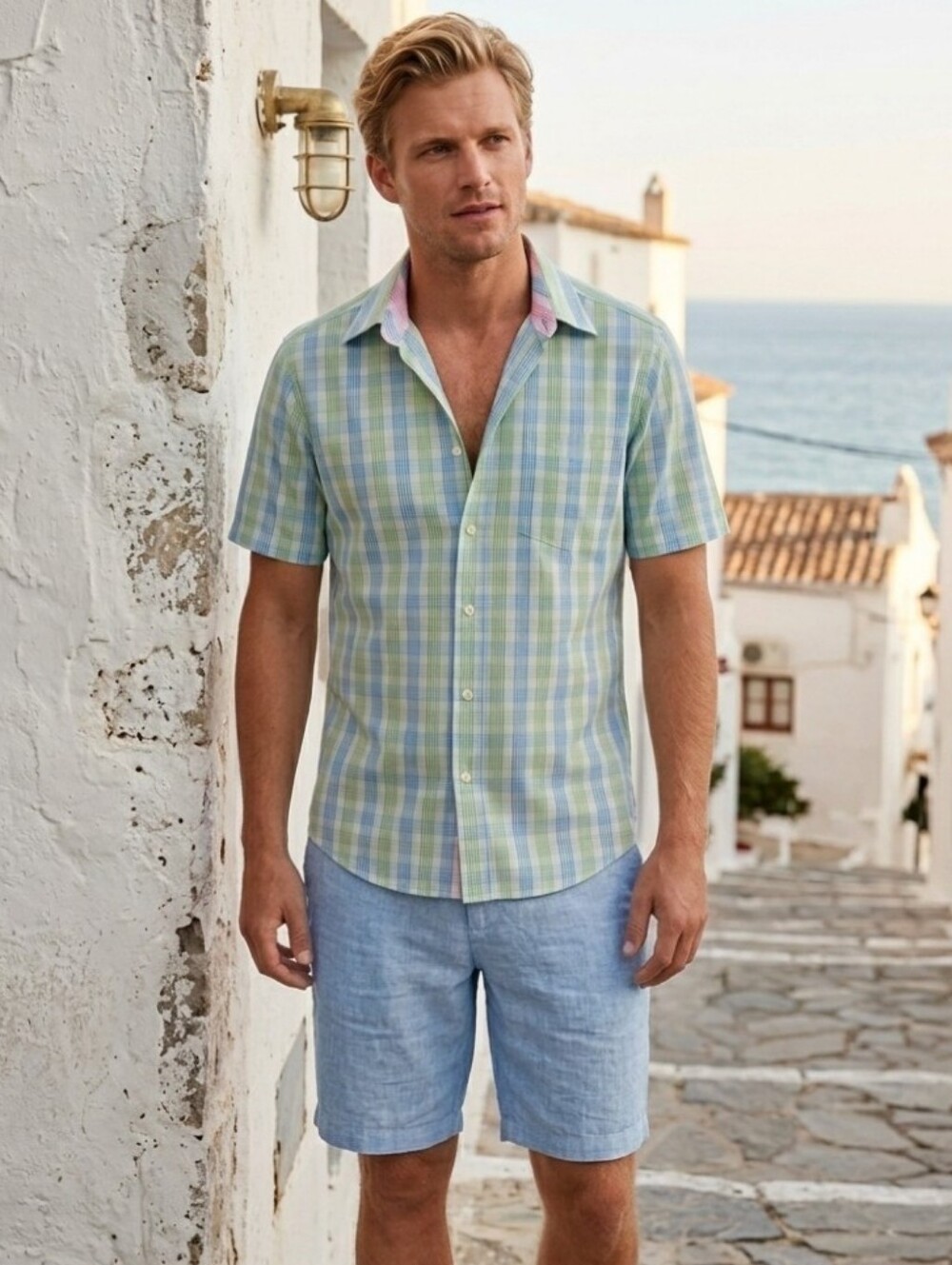 GANT Bay Port Poplin E-Z Fit Short Sleeved Blue/Green Plaid Button-Down Shirt